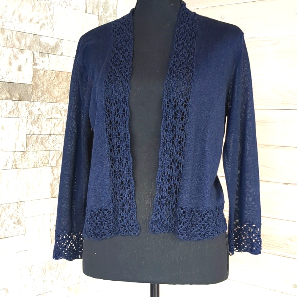 Norton McNaughton VTG Boho Chic Sweater Dark Blue Crochet Lace Trim 3/4 Sleeves